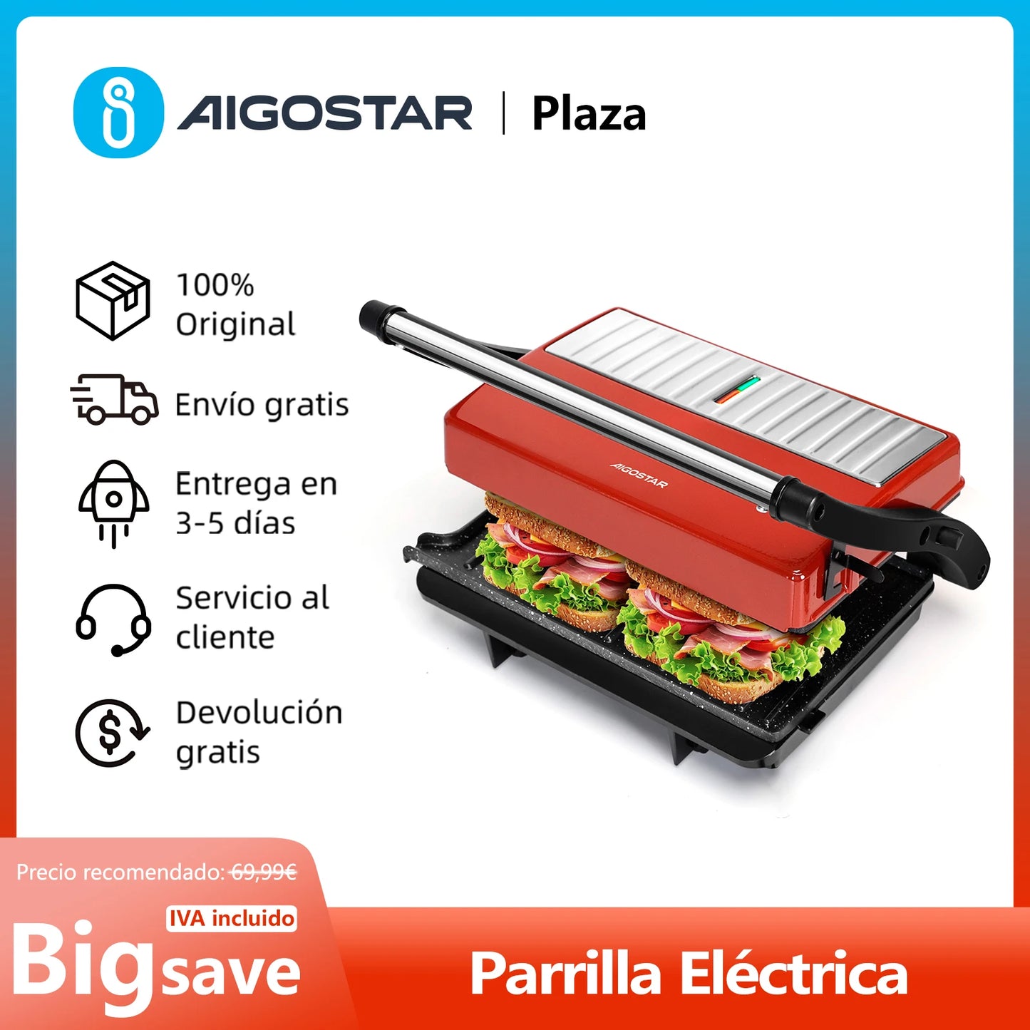 Parrilla Eléctrica, Máquina de Panini y Sandwichera, Apertura 180º, Placas Antiadherentes 23 x 14,5 cm, Libre de BPA, 1000W