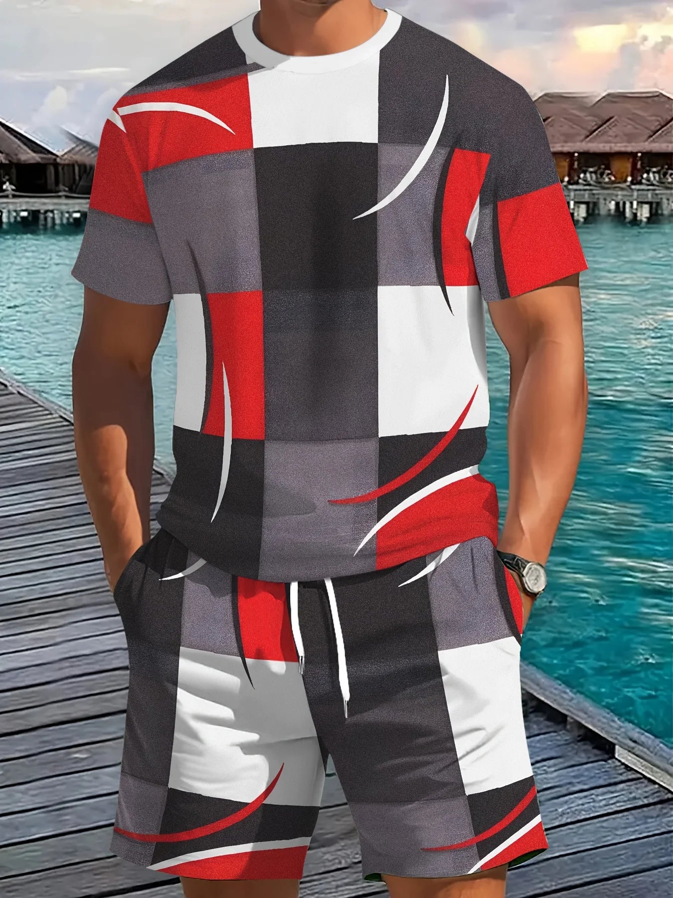 Nueva ropa deportiva de verano para hombre, conjunto de camiseta de manga corta a rayas, ropa de viaje al aire libre de dos piezas, pantalones cortos de ajuste relajado, ropa de entrenamiento