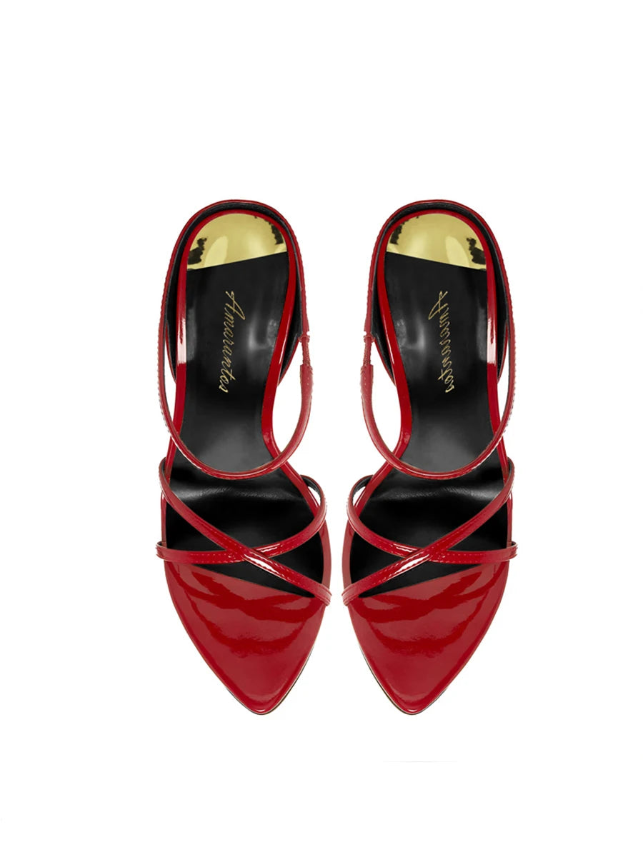 Sandalias de Tacón Delgado Negras Estilo Celebridad con un Toque Femenino, Tira Cruzada Puntiaguda, Suela Roja, Tacones Altos, Sandalias Abiertas