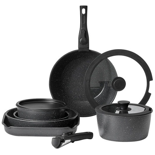 SucceBuy Juego de utensilios de cocina antiadherentes de 17 piezas, ollas y sartenes de granito, utensilios de cocina de inducción con sartén para freír salsa