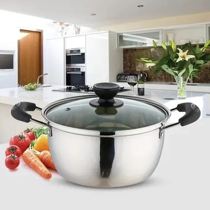 Olla de cocina multifuncional, olla de sopa de acero inoxidable, mango antiescaldado engrosado, olla para cocinar al vapor, tapa de vidrio templado
