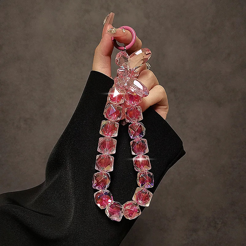 Cordón de lujo para teléfono, lazo acrílico brillante de cristal, dijes para teléfono, cadena corta para muñeca, se puede llevar a mano, colgante de cuentas de cadena