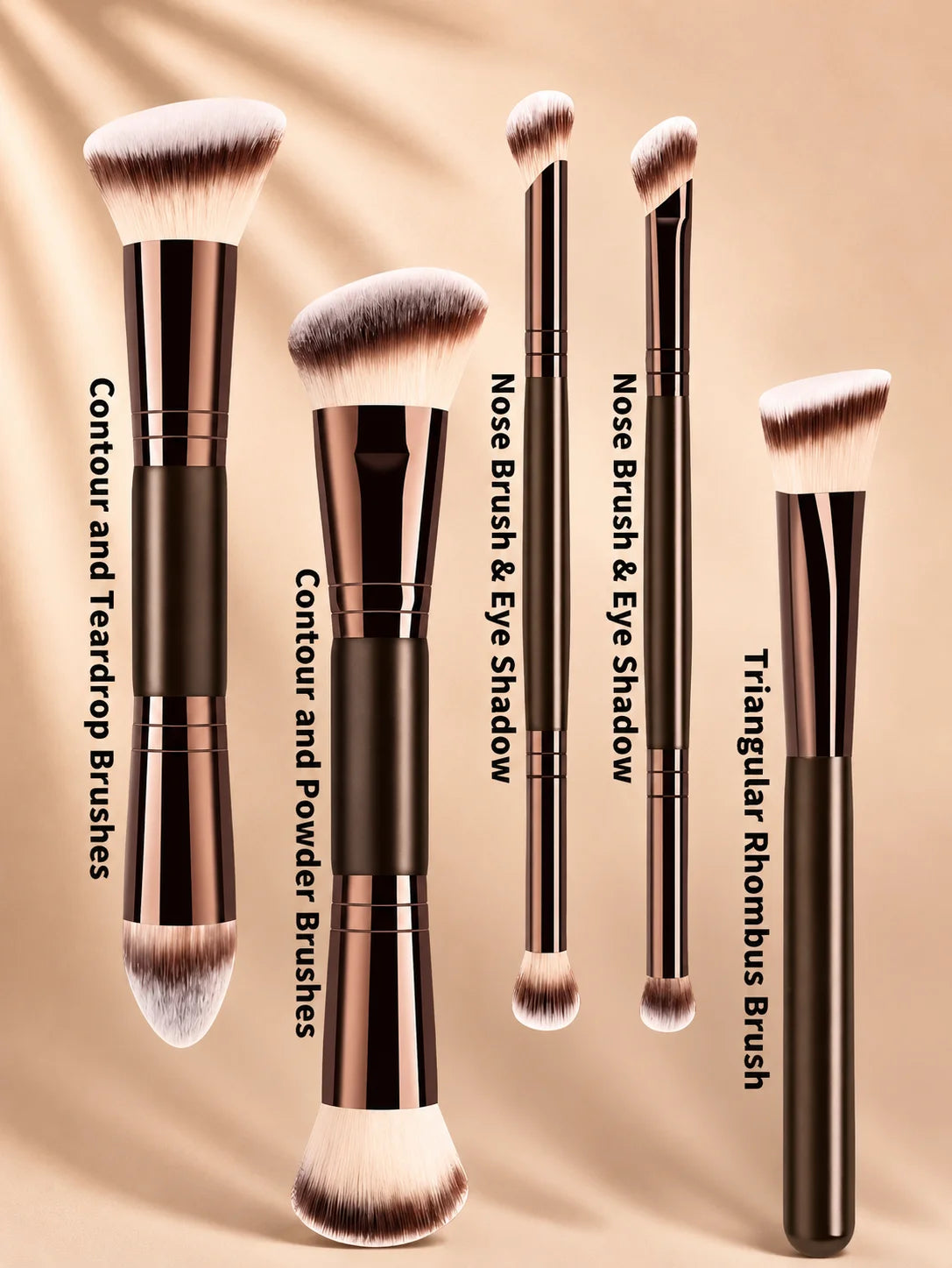 Set de Brochas de Maquillaje Profesional de Doble Punta que Incluye Brocha para Base, Brocha para Contorno, Brocha para Rubor, Brocha para Polvo, Brocha para Sombras de Ojos, C