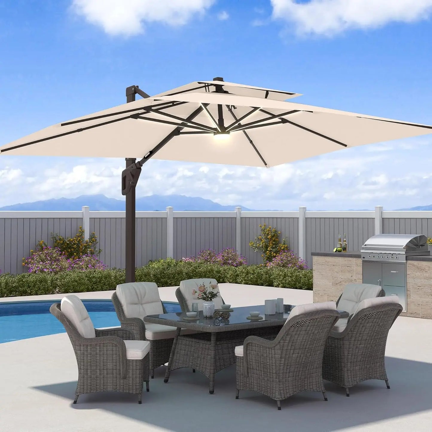 Sombrilla de Patio de 9x12 Pies con Luces LED, Sombrilla Rectangular Grande y Resistente de Aluminio para Exteriores, Personalizable