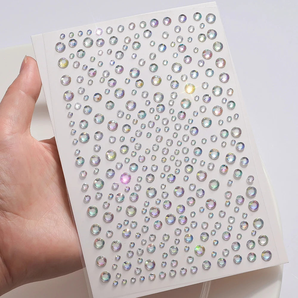 1 hoja 900 Uds. Pegatinas de gemas brillantes de cara de arcoíris, tatuaje Facial adhesivo, joyas de diamantes de imitación para ojos, mezcla de 3/4/5mm, maquillaje para fiesta de boda
