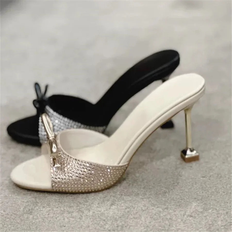 Zapatillas de cristal de diseñador para mujer, zapatos de vestir de tacón alto, zapatos de tacón para mujer, sandalias de lujo con lazo para mujer, chanclas de pasarela 2025