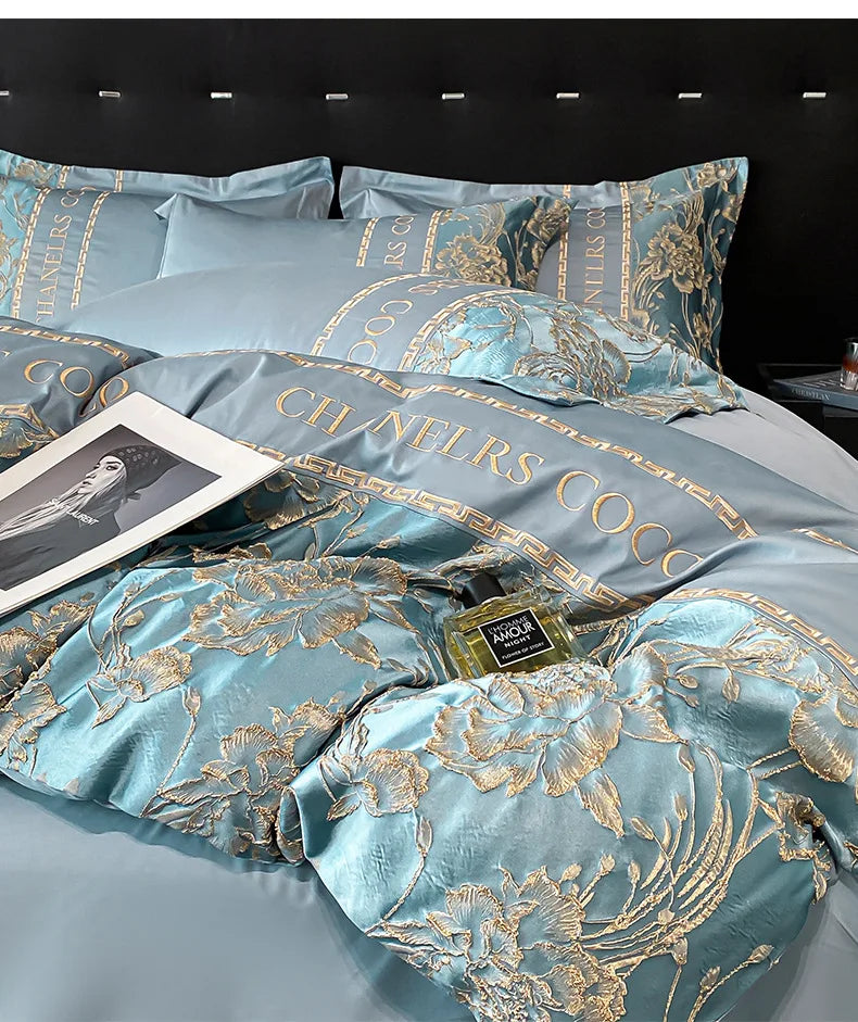 Juego de cama europeo de alta gama, juego de cuatro piezas de algodón de lujo, funda de edredón bordada de algodón, sábanas, sombreros, ropa de cama para personas mayores