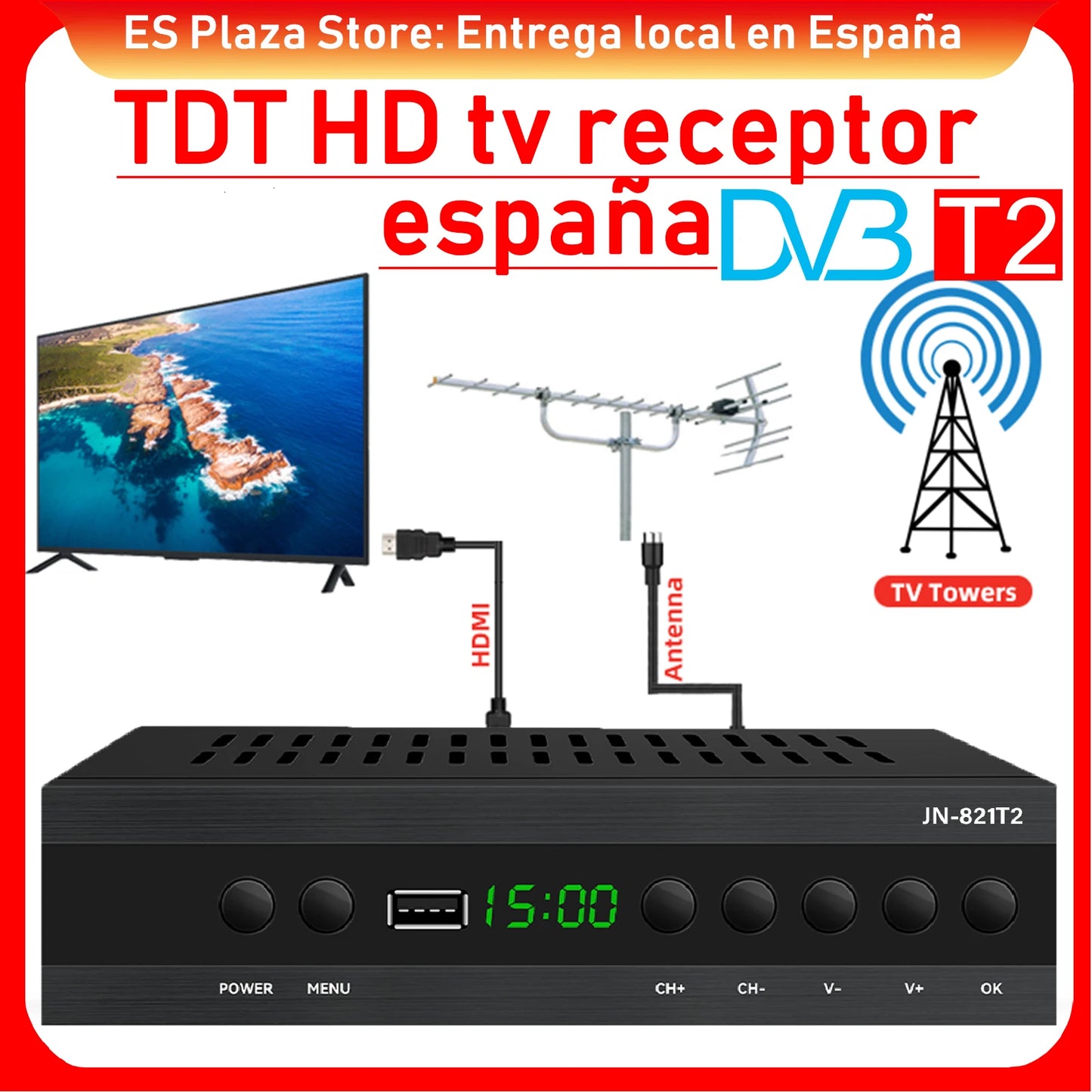 Receptor de TV HD DVB T2 TDT España, decodificador TDT HD, sintonizador DVB-T2 TDT HD, receptor TDT HD, decodificador DV