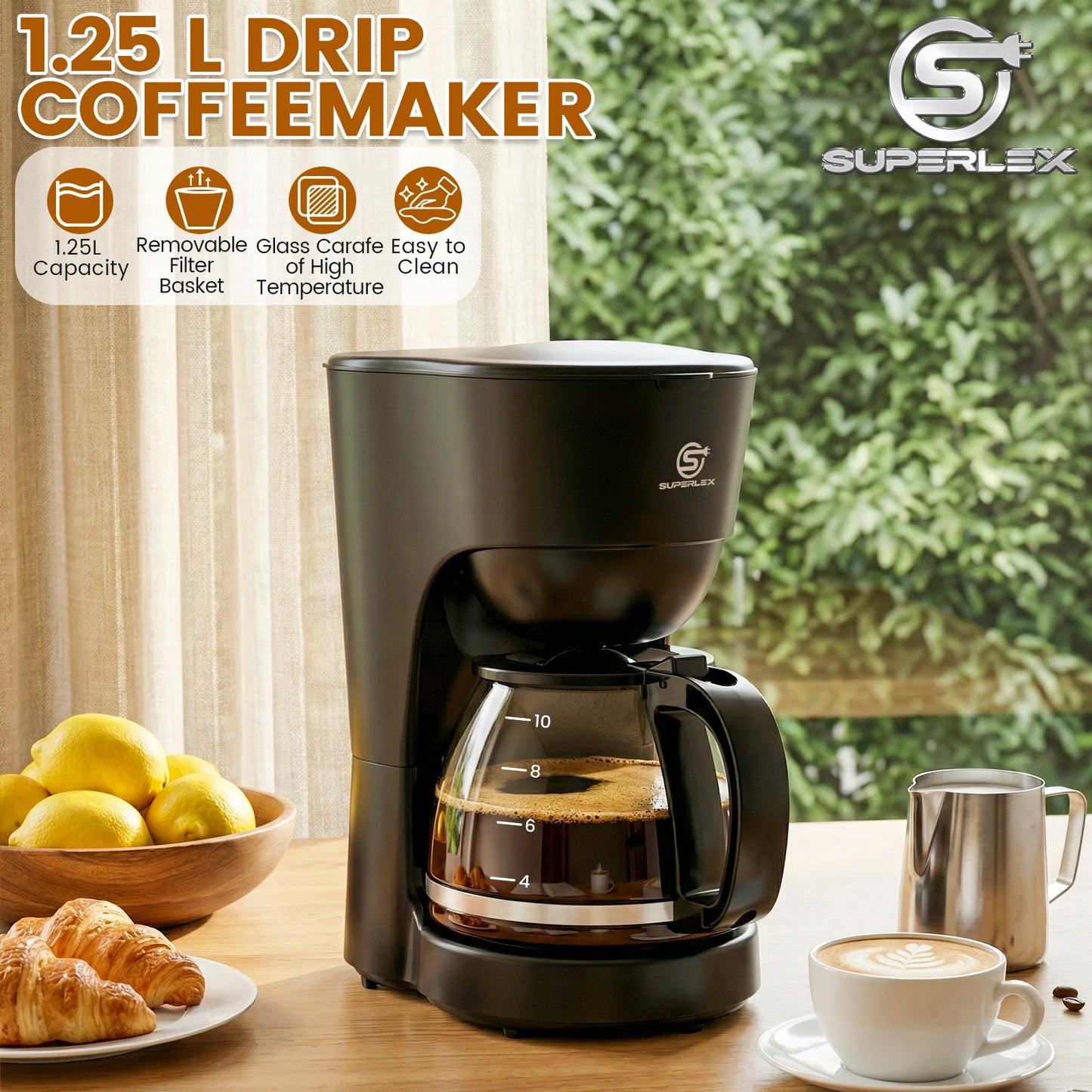 Cafetera Eléctrica de Goteo SUPERLEX de 1.25L, 600W, Estilo Americano, con Ventana de Nivel de Agua y Filtro Reutilizable