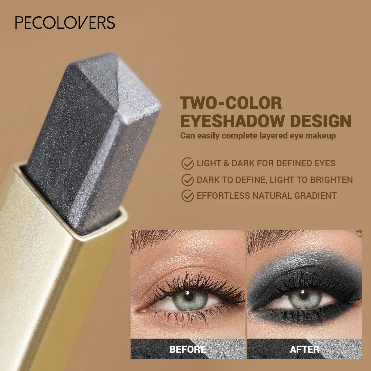 Barra de sombra de ojos de doble color, color de ojos mezclable para maquillaje diario, marrón y rosa, producto cosmético para maquillaje de ojos, 1 ud.