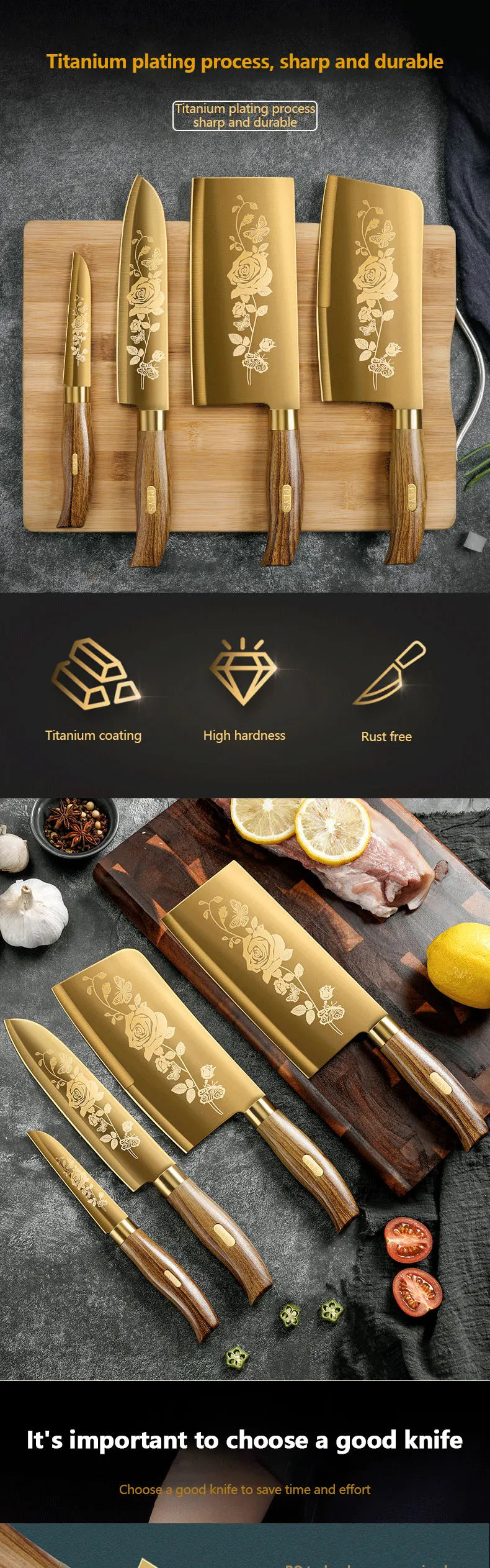 Juego de Cuchillos de Cocina de 4 Piezas con Diseño de Rosa Dorada, Cuchillo de Chef de Acero Inoxidable de Lujo para Cocinar, Herramientas de Cocina Profesionales Afiladas