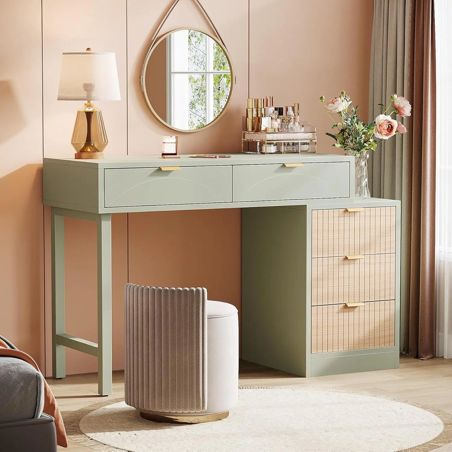 Makeup Vanity Desk with 5 Drawers, Modern Small Dressing Desk with Storage, Wood Make Up Table for Bedroom, Narrow, Customized
