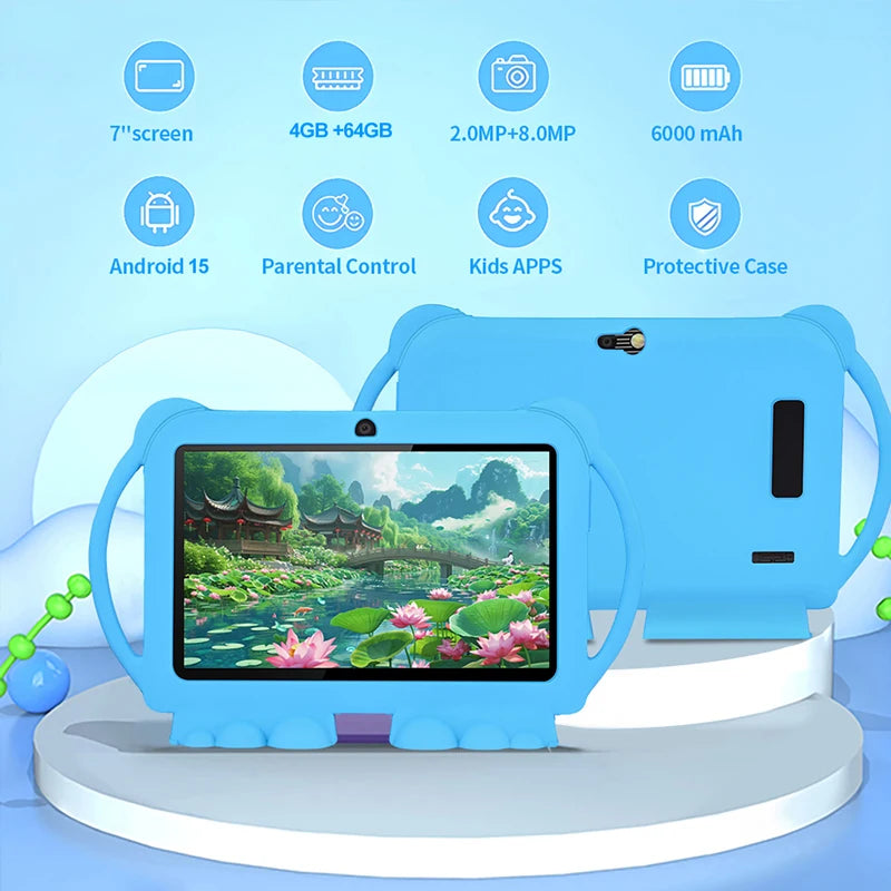 Nueva Tablet Infantil de 7 Pulgadas con Funda Protectora de Dibujos Animados, WiFi 5G, Android, para Aprendizaje y Educación, Tablet PC para Niños, 4GB RAM, 64GB ROM