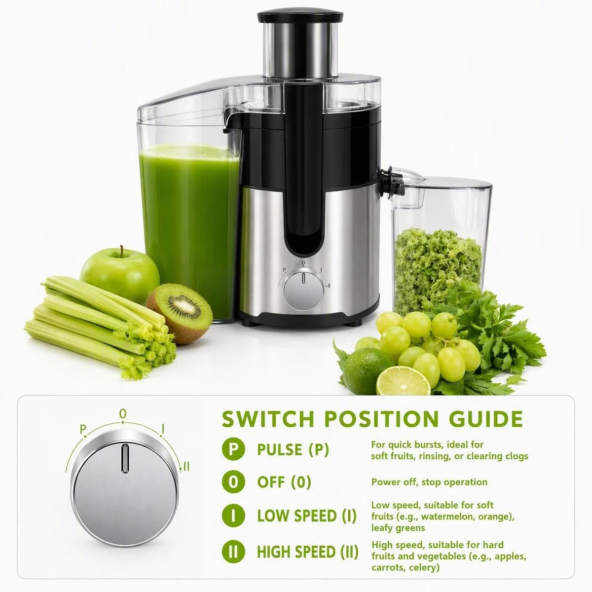 Exprimidor centrífugo, con conducto de alimentación de 3 pulgadas de ancho y 97% de alto rendimiento. CONDUCTO DE ALIMENTACIÓN GRANDE DE 3 PULGADAS: Admite alimentación directa de frutas y verduras enteras sin cortar