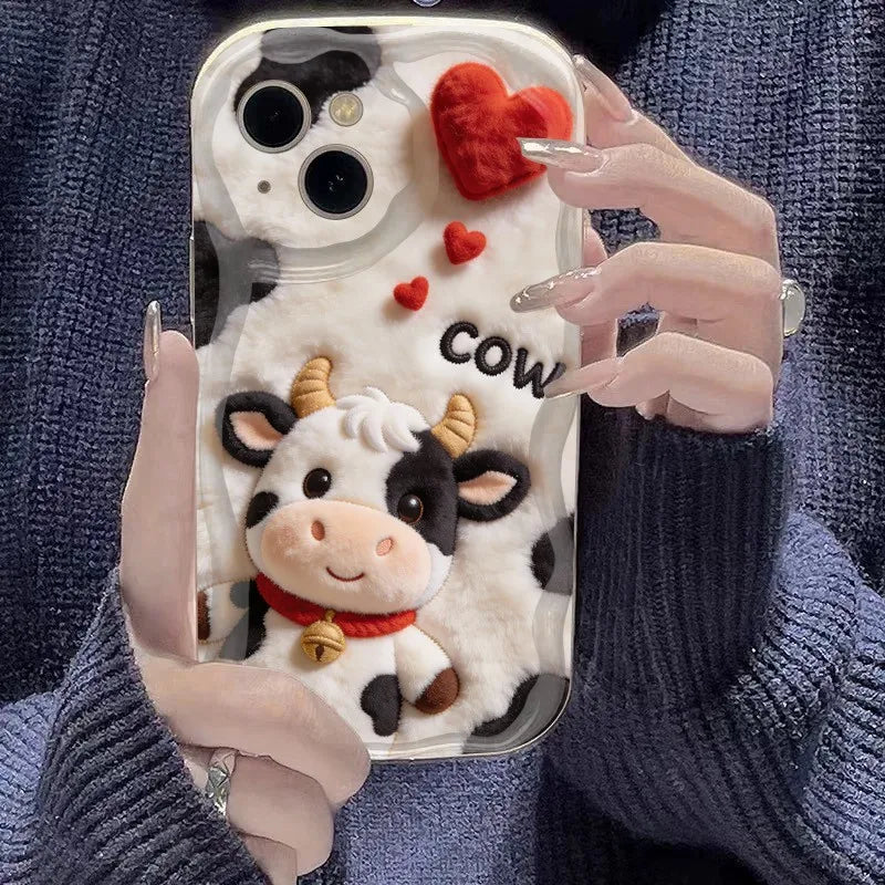 Funda de Teléfono con Diseño de Vaca de Dibujos Animados en Relieve para iPhone 17 16 15 14 13 12 11 Pro Max XS X XR 15 14 Plus 17 Air 16E, Cubierta Suave