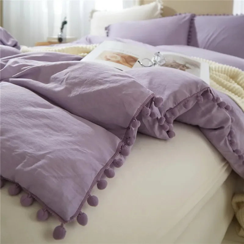 Funda de edredón suave y lavada, Juego de 3 piezas, funda de almohada, juego de ropa de cama para Twin, Full, Queen, King Size, decoración de pompones
