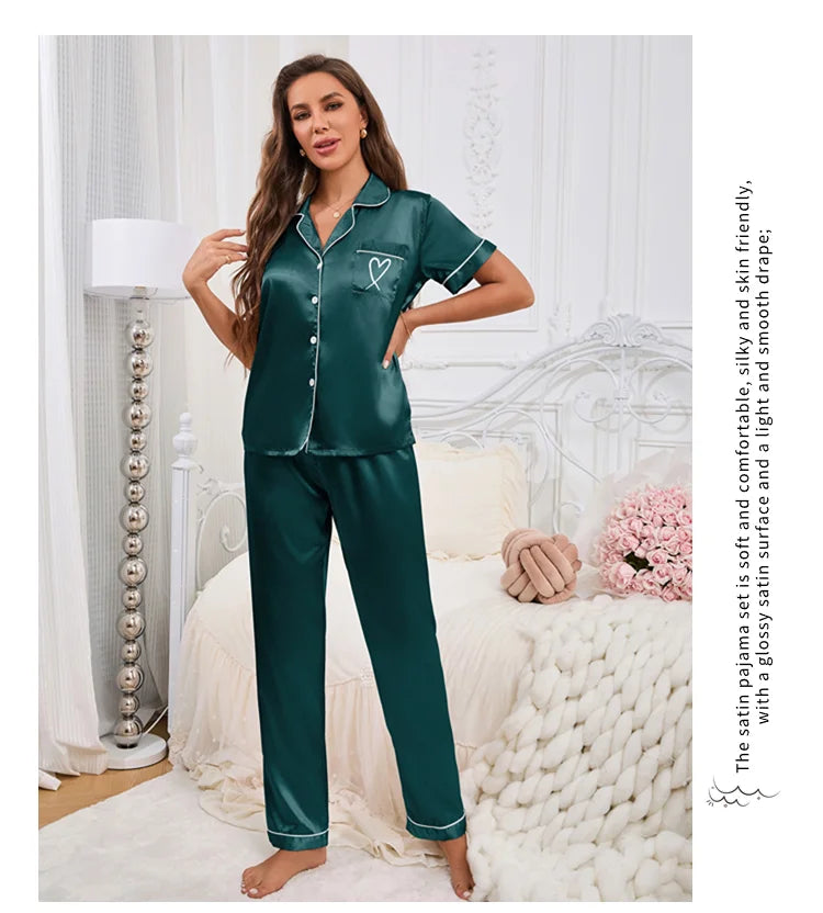 Conjunto de pijama para mujer, ropa para el hogar, camisa de manga corta de satén con pantalones, ropa de dormir, conjunto de 2 piezas, pijama bordado en forma de corazón