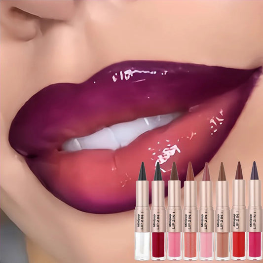 Brillo Labial 2 en 1 de Doble Punta, Delineador y Lápiz Labial, Impermeable, de Larga Duración, Voluminizador, Mate, Hidratante, Brillante, con Tinte Natural