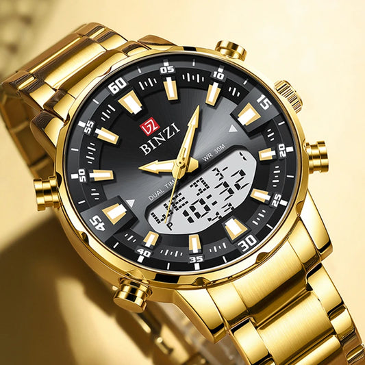 Reloj de pulsera de lujo de marca superior para hombre, relojes digitales deportivos impermeables, reloj de cuarzo militar de acero LED para hombre, reloj de Esfera Grande de color dorado