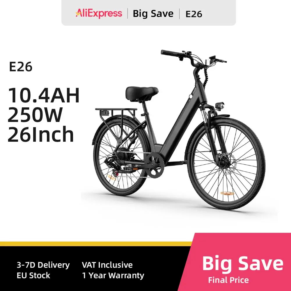URLIFE E26 bicicleta eléctrica para adultos 250W Motor bicicleta eléctrica 48V 10.4AH 26 pulgadas neumáticos ciudad viajero bicicleta eléctrica