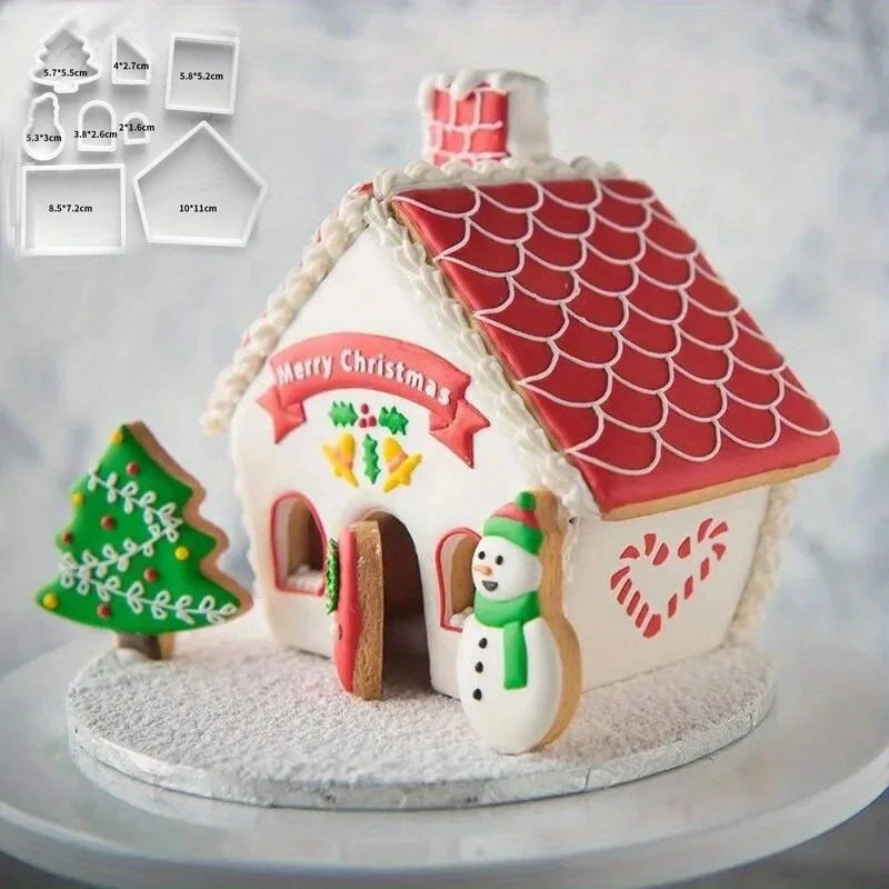 Molde de casa de jengibre de Navidad 3D, juego de cortadores de galletas de plástico, molde para galletas DIY, pastel de pastelería, sello, herramientas para hornear, accesorios