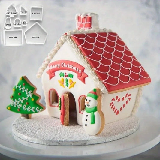 Molde de casa de jengibre de Navidad 3D, juego de cortadores de galletas de plástico, molde para galletas DIY, pastel de pastelería, sello, herramientas para hornear, accesorios