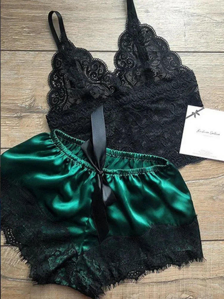 Conjunto de pijamas de 2 piezas para mujer, ropa de dormir, lencería sexy, tops cortos de seda de encaje y pantalones cortos, conjuntos de pijamas informales