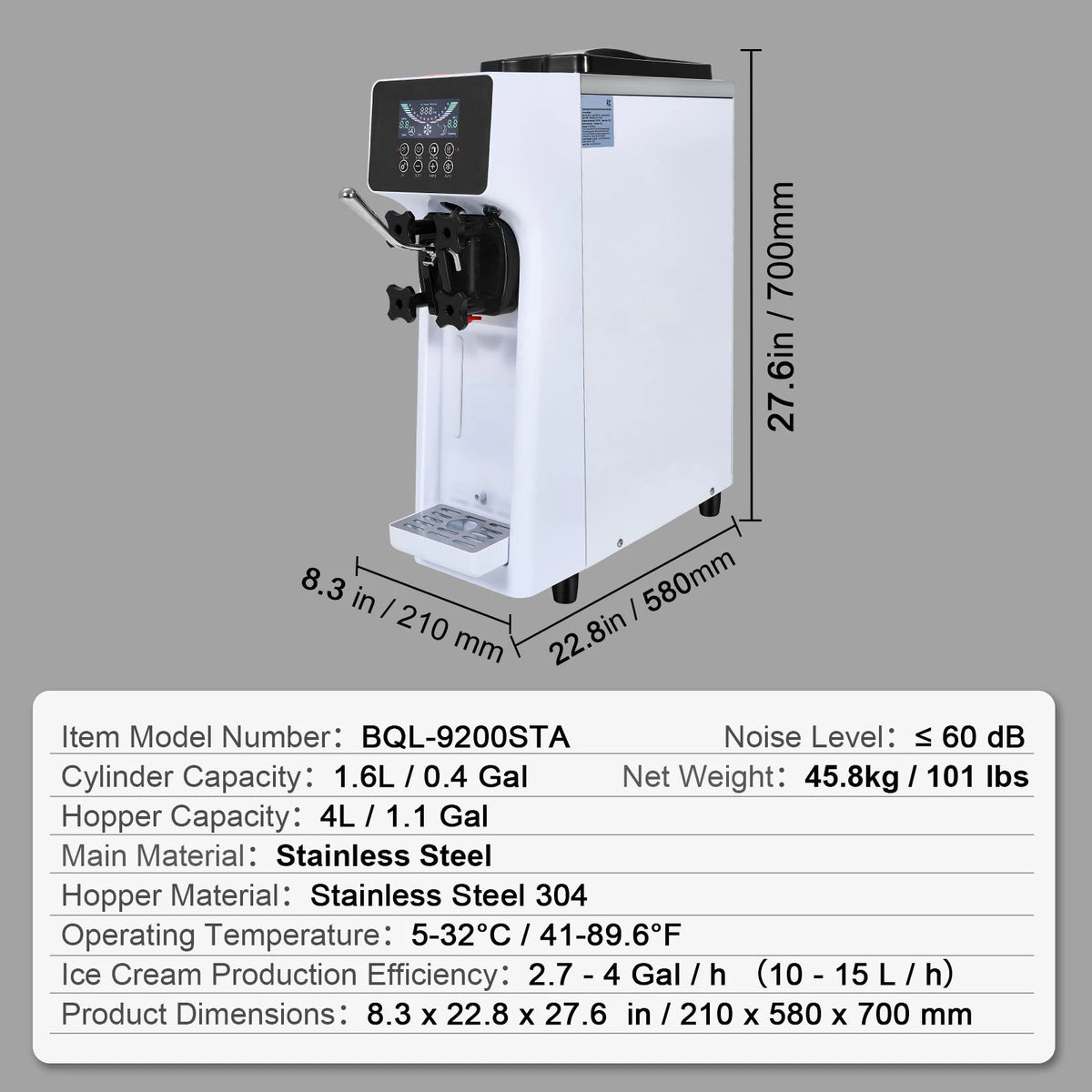 SucceBuy Máquina de Helado Comercial de 4L, de un Solo Sabor, para Mostrador, con Pantalla Táctil, Autolimpieza y Preenfriamiento