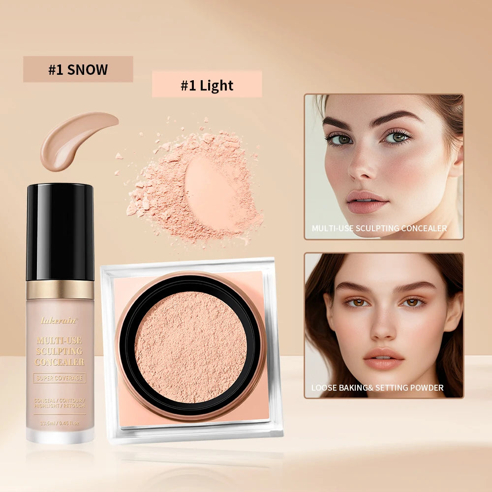Juego de maquillaje facial de 2 piezas con corrector y polvo fijador suelto, acabado mate natural para el rostro, cosméticos para mujer, maquillaje coreano