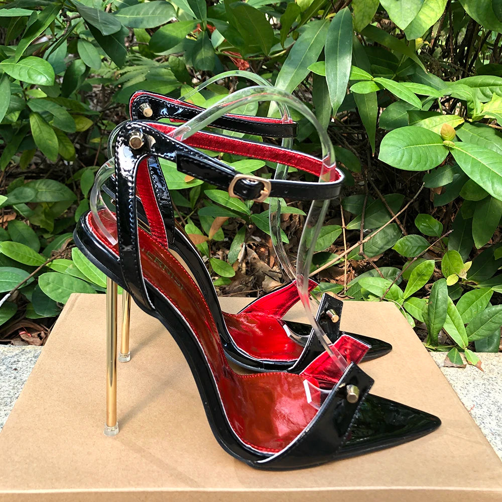 Zapatos de tacón de aguja para mujer, tacones altos de Metal de 12cm, sandalias sexis con correa en el tobillo y punta puntiaguda, modelo fetiche SM Man Drag Queen, zapatos Unisex