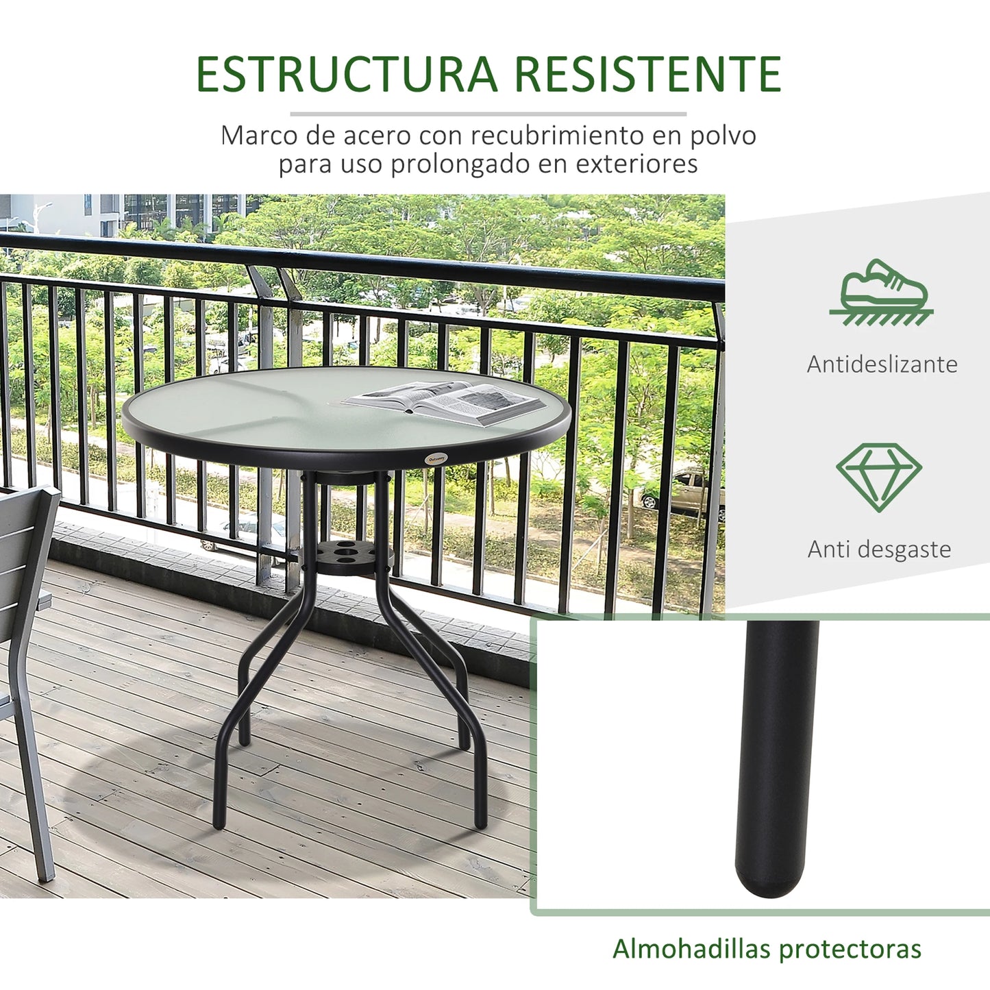 Outsunny Mesa de Jardín Redonda de Cristal con Agujero para Sombrilla Ø80x72 cm