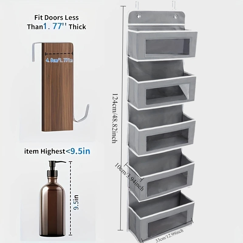 Organizador de almacenamiento colgante de 5 estantes: detrás de la puerta, antiinclinación, 5 bolsillos de gran capacidad, adecuado para dormitorio, baño