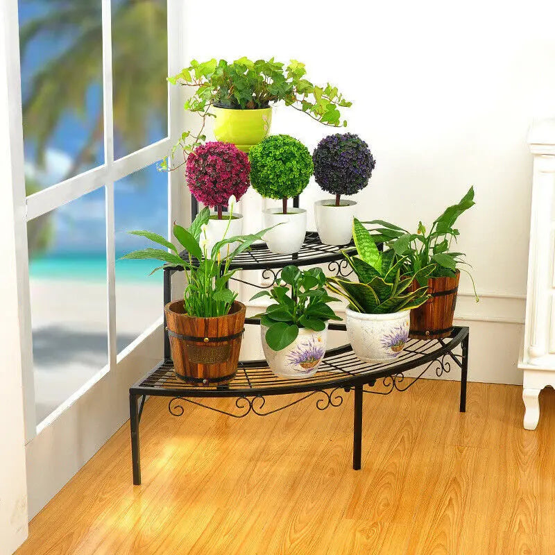Soporte para plantas y macetas de interior y exterior, soporte de exhibición de estante esquinero para macetero redondo de 3 niveles de Metal para jardín