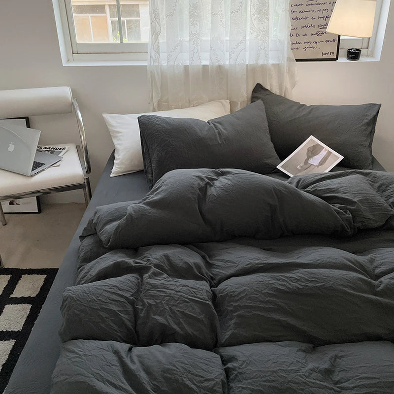 Juegos de fundas de edredón gris oscuro a la moda, fundas de edredón cepilladas, juegos de cama individual doble Queen, funda de almohada para niños, funda de edredón sólida