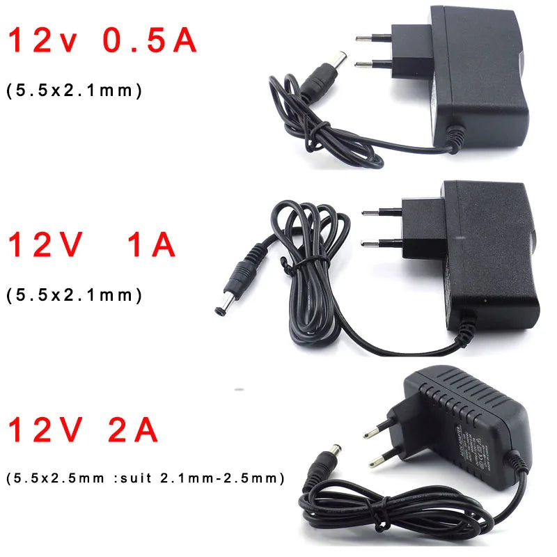 Adaptador de fuente de alimentación de 12V, 1A, 2A, 0.5A, CA, CC, enchufe de EE. UU. Y UE, CC, macho, hembra, 5,5x2,1mm, para tira de luces LED