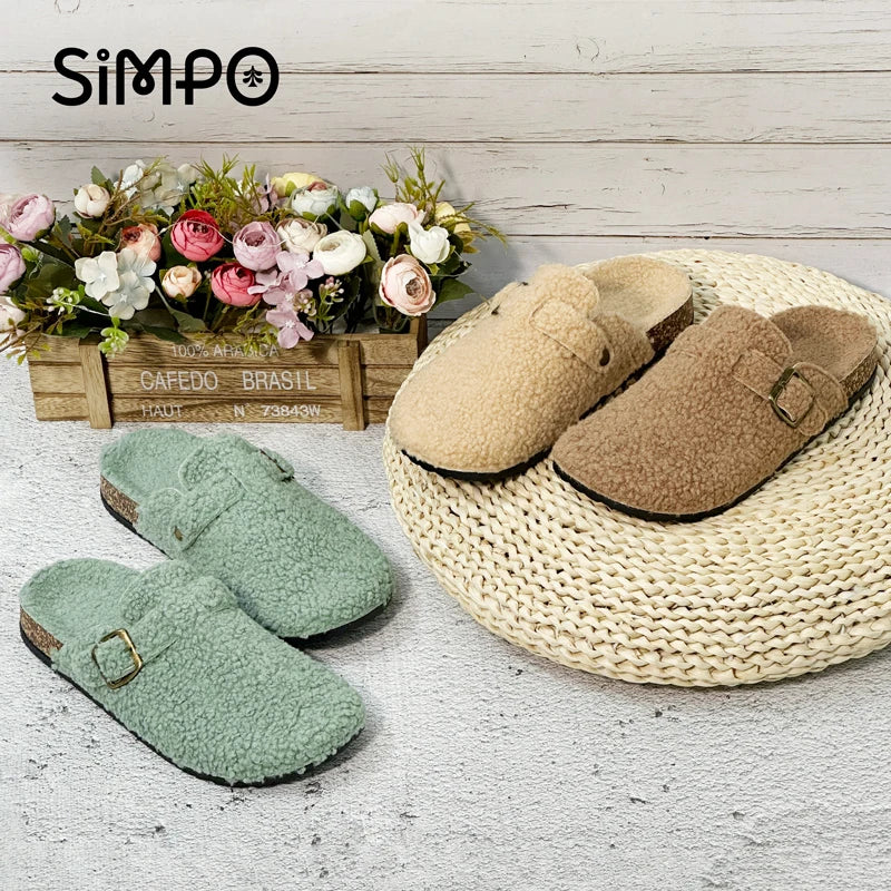 Otoño e Invierno nuevas mujeres y hombres tela de gamuza zapatilla de punta cerrada interior o exterior Slip-on Retro Sandalias planas duraderas