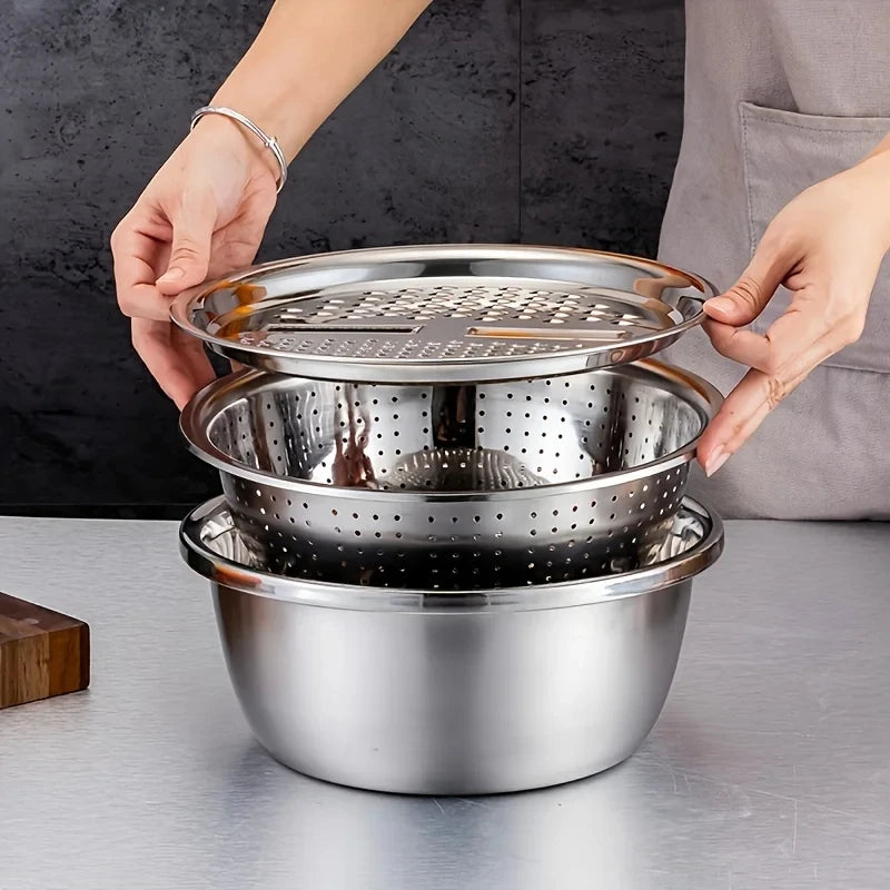 Juego de 3 Utensilios de Cocina de Acero Inoxidable, Tazón para Mezclar Multifuncional, Cortador de Verduras, Pelador de Frutas