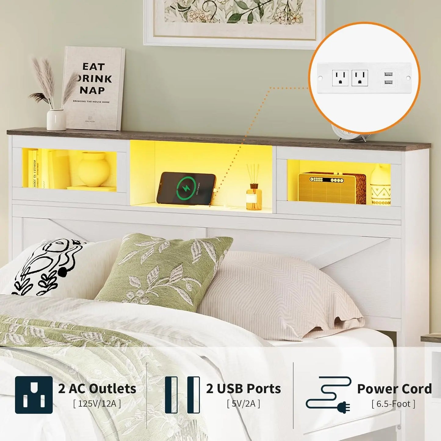 Base de Cama Matrimonial con Cabecero, Base de Cama Matrimonial con Estación de Carga, Camas LED con 2 Cajones de Almacenamiento, Base de Cama de Madera Estilo Rústico