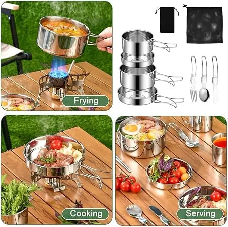 Juego de utensilios de cocina para acampar, olla de cocina de acero inoxidable con sartén, utensilios de cocina portátiles para exteriores, olla para Picnic, mochilero, Camping y senderismo