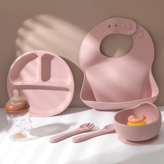 Juego de alimentación de silicona para bebé, plato de comedor redondo, cuenco con ventosa, platos para niños, babero impermeable, cuchara, vajilla para niños, 5 uds.