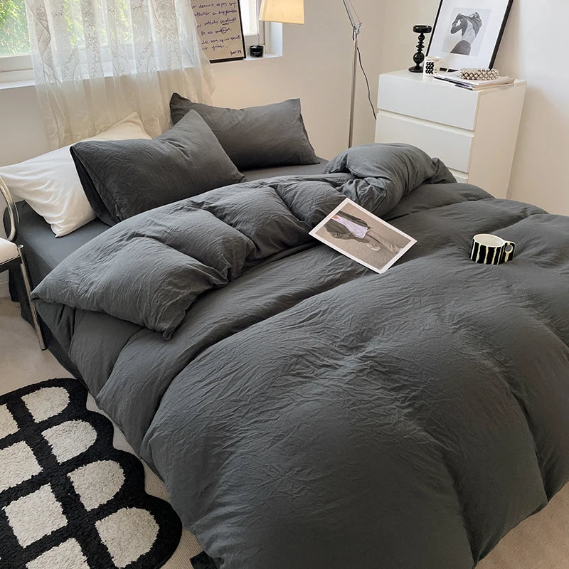 Juegos de fundas de edredón gris oscuro a la moda, fundas de edredón cepilladas, juegos de cama individual doble Queen, funda de almohada para niños, funda de edredón sólida