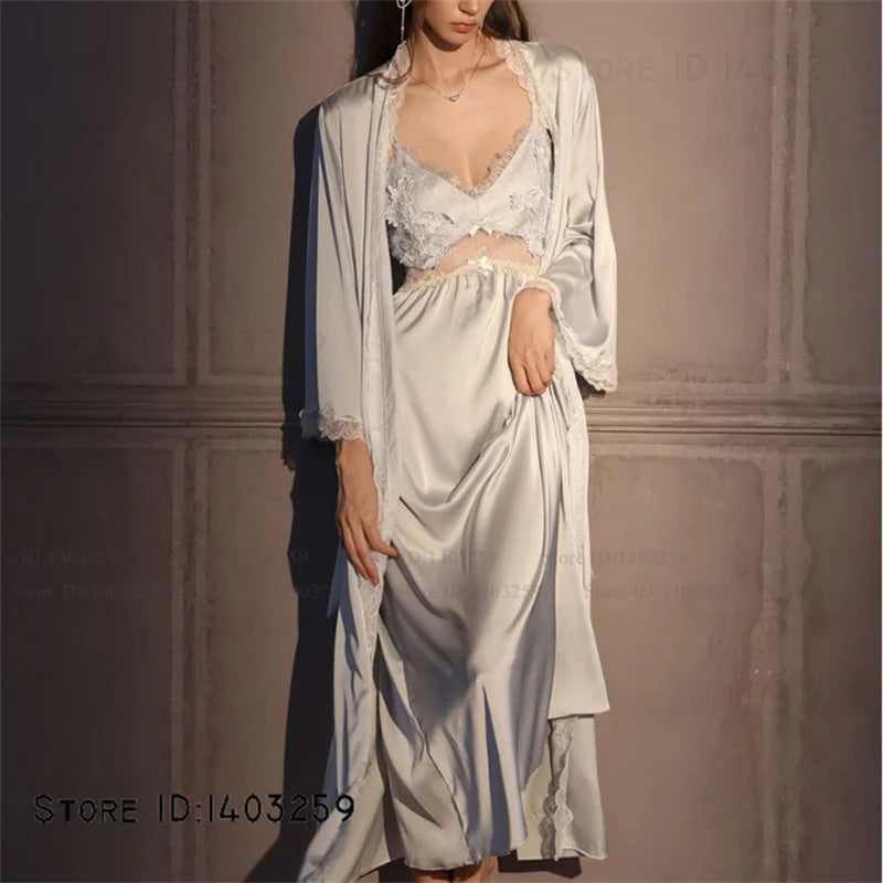 Conjunto de bata larga elegante para mujer, camisón de lencería Sexy, camisón con espalda descubierta, ropa de dormir para el hogar, ropa de dormir de satén de seda