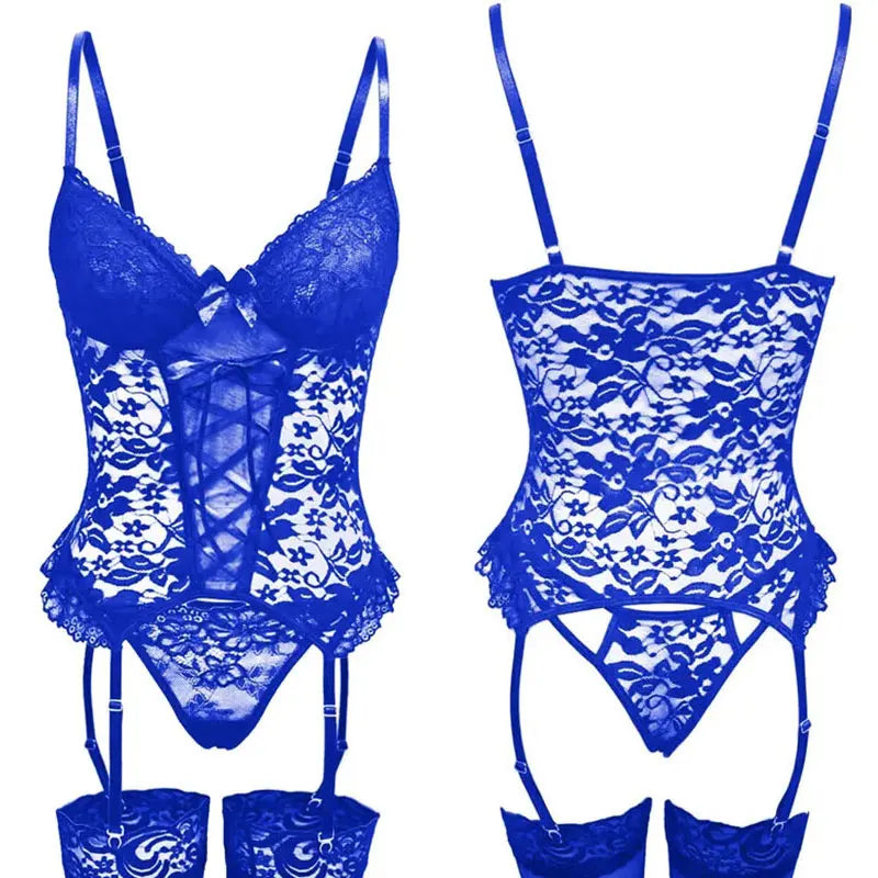 Conjunto erótico de lencería para mujer, ropa interior de encaje transparente, Bralette, sujetador, conjunto de ligas, Tanga, ropa de dormir, atuendo Sexy