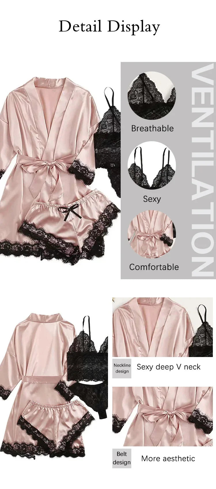4 piezas ropa de dormir para mujer pijamas Ser con bata lencería de encaje Sexy Albornoz satén de seda ropa de dormir para el hogar bata