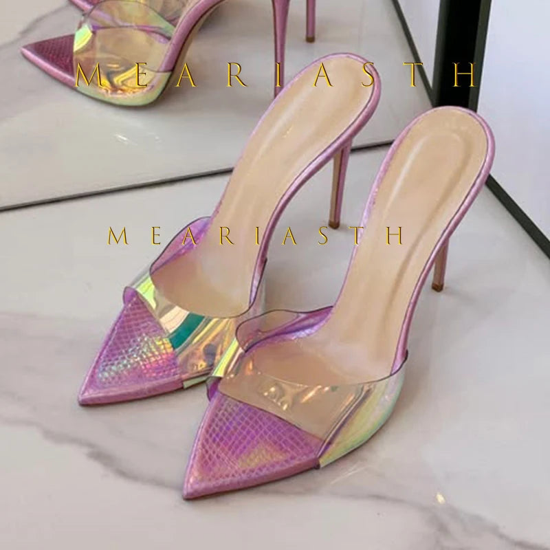 Mulas de cuero de Color caramelo para mujer, zapatos de tacón alto fino con punta abierta y punta abierta, zapatillas modernas sexis para fiesta para primavera y verano