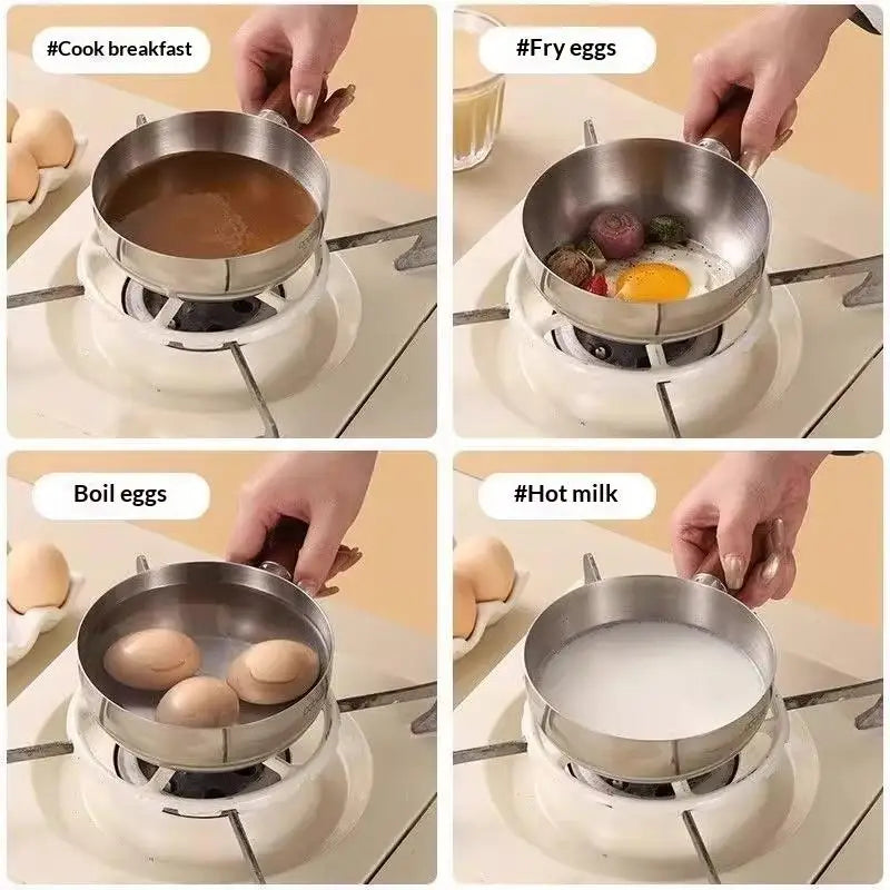 【A】Sartenes de cocina de acero inoxidable de 17 cm/14 cm con mango de madera y tapa de vidrio - Ollas pequeñas multiusos para fideos y huevos