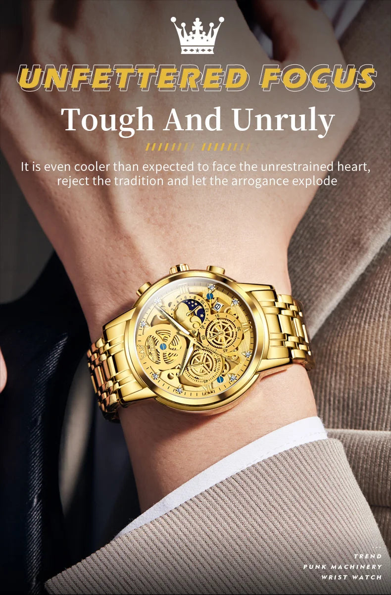 Relojes OLEVS para hombre, marca superior, reloj de cuarzo Original resistente al agua de lujo para hombre, estilo esqueleto dorado, 24 horas de día y noche, nuevo
