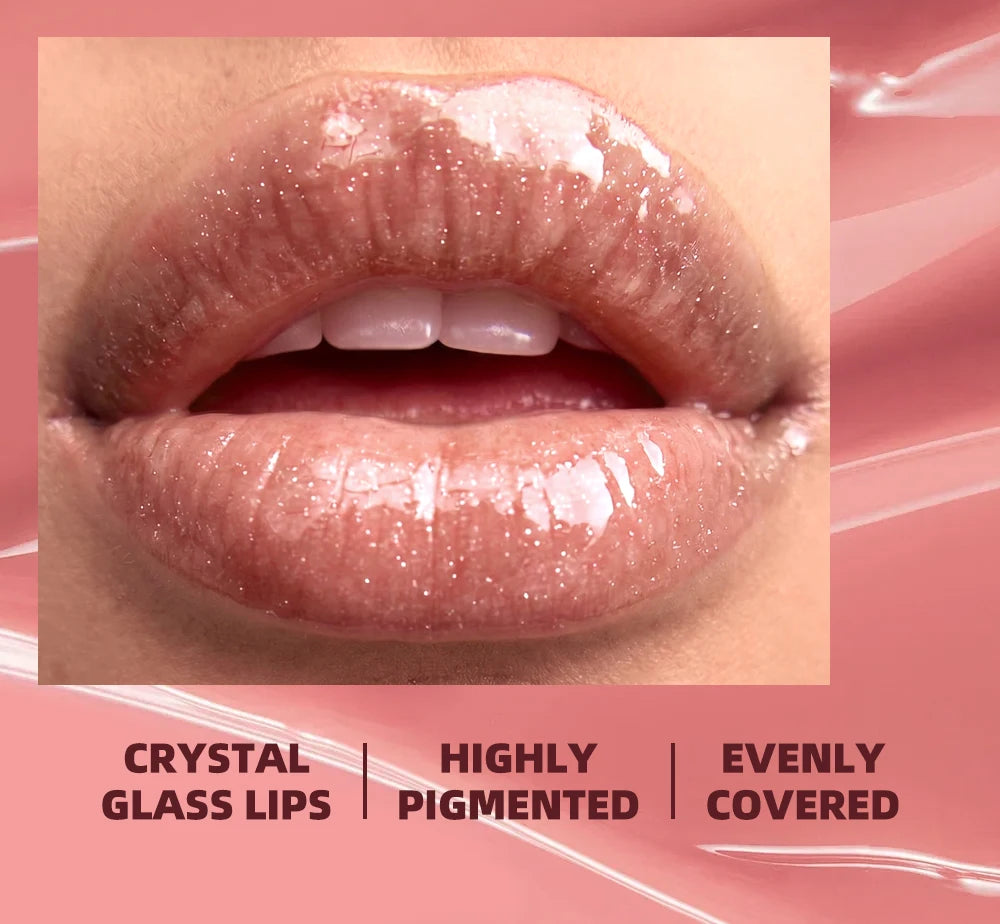 Brillo Labial QIBEST Efecto Espejo, Tinte de Larga Duración, Hidratante, Brillante, con Purpurina, Maquillaje Nutritivo