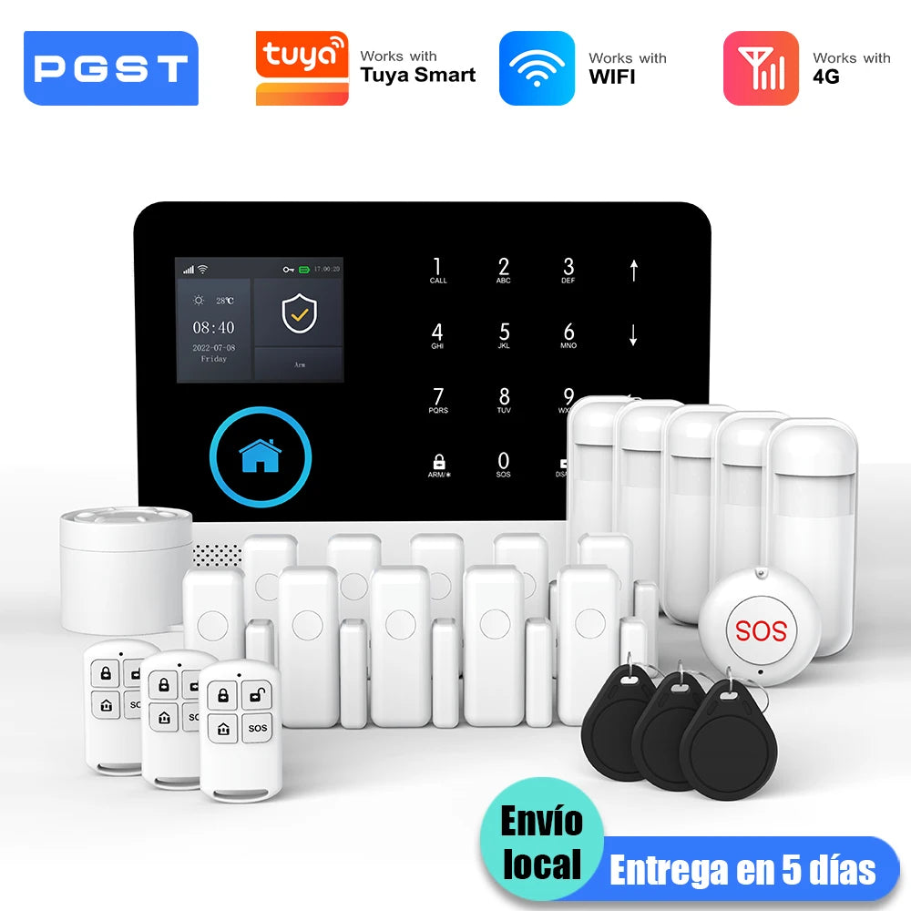 PGST alarma antirrobo inteligente WiFi 4G Works with Tuya Smart Life sistema seguridad inalámbrico hogar apartamento control remoto app sensores puerta ventana instalación rápida sin tarifas adicionales