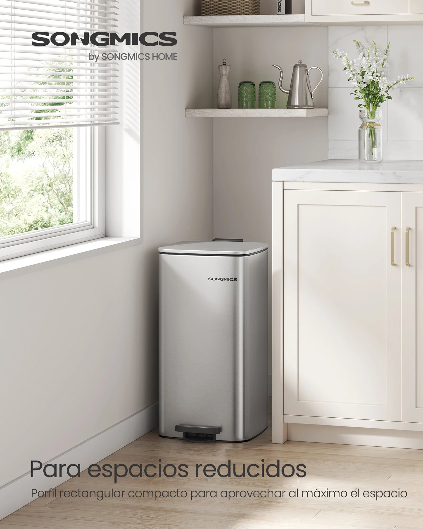 SONGMICS-papelera de cocina de 8 galones con Pedal de acero, cubo interior, cierre suave y se mantiene abierto, color plateado metálico, 30 L，Beige Arena/Negro Tinta